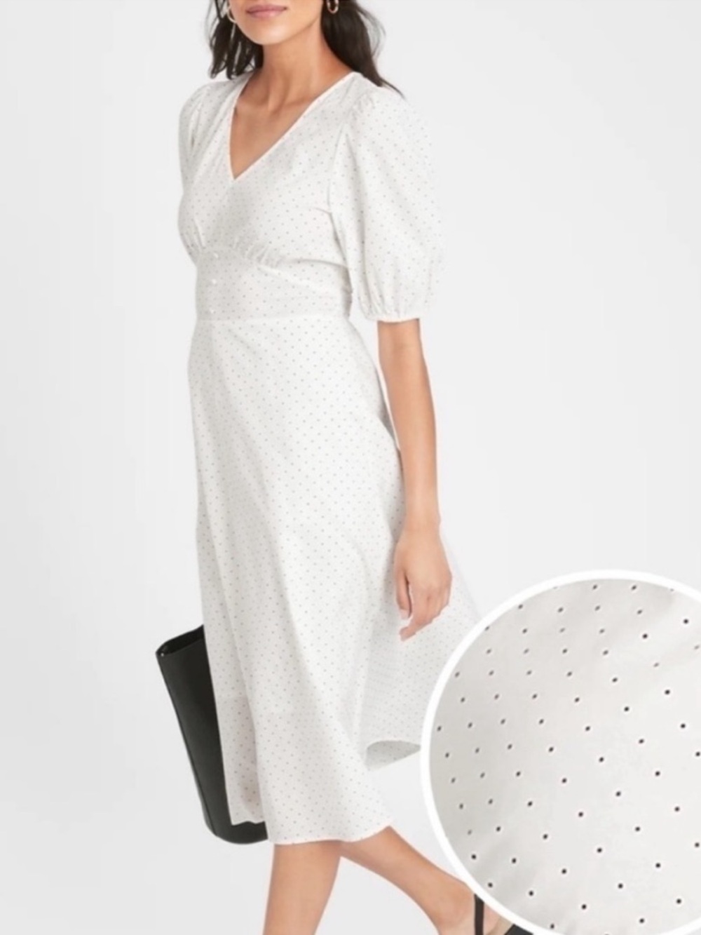 Banana Republic White & Black Polka Dot Puff Sleeve Midi Dress Size 0